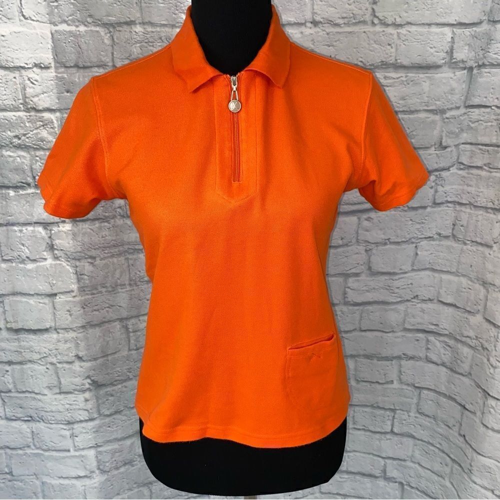 Lady fairway quarter zip polo golf shirt with side golf ball pocket orange sz SM